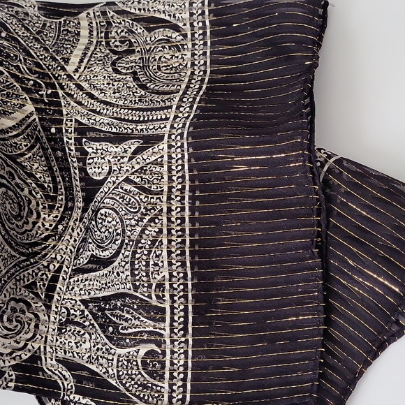 ECHO Paisley Silk Scarf Black White & Gold metallic pin stripe 16”x 59” - Picture 3 of 7